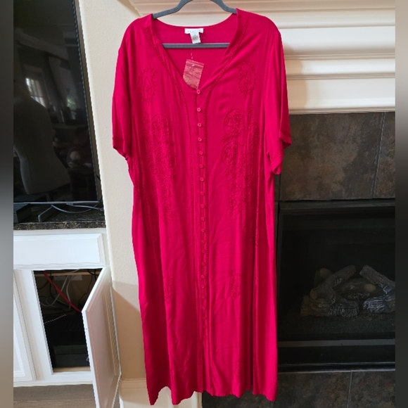 Nwot PHASES Red Button Front Dress Embroidered Tie Back 100% Rayon Maxi Dress 2x - Picture 1 of 9